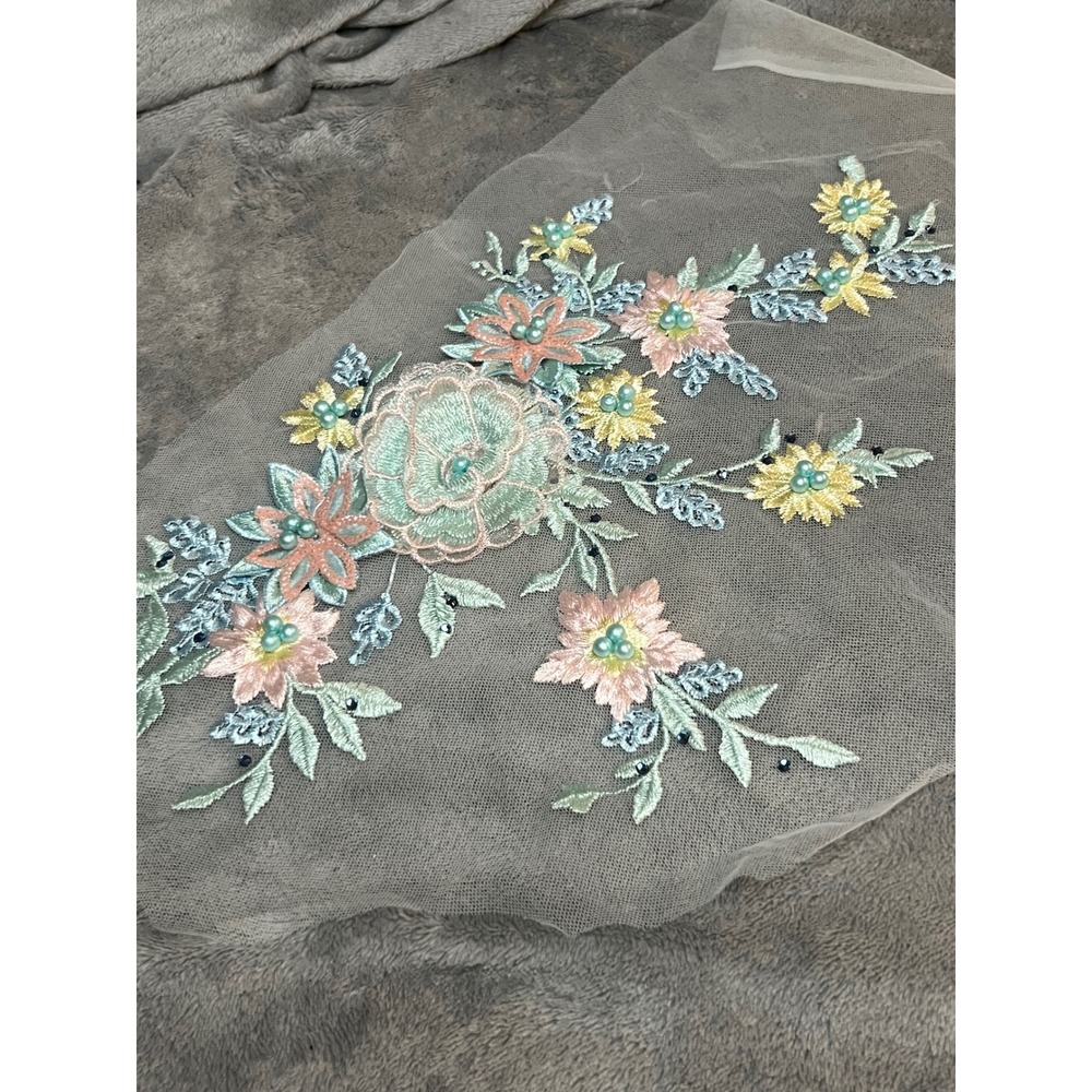 Large Floral Embroidered Tulle Applique Pearl Rhinestone Bridal Dress Sewing 15"